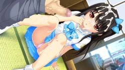 1boy adachi_tenka black_hair blue_bow blue_skirt bobby_socks bow censored collarbone cum cum_on_body cum_on_clothes cum_on_hair cum_on_legs dutch_angle facial female flat_chest game_cg hairbow highres indoors knees_up long_hair male miniskirt mosaic_censoring no_shoes non-web_source nonohara_miki one_side_up open_mouth panties penis pink_panties pleated_skirt red_eyes sailor_collar sailor_shirt shirt shirt_bow short_sleeves shoujo_ramune sitting skirt socks straight tatami underwear white_sailor_collar white_socks