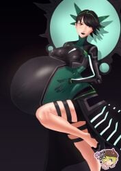 1girls atlus big_breasts black_hair black_lips black_lipstick bodystocking bodysuit breasts clone66 coattails exposed exposed_thighs eyebrows eyebrows_visible_through_hair female female_focus female_only full_bodystocking goddess hand_on_stomach hands_on_stomach high_heels large_breasts leg_lift leg_up legs looking_at_viewer megami_tensei navel navel_visible_through_clothes popped_navel pregnant ready_to_pop red_eyes shin_megami_tensei shin_megami_tensei_v shin_megami_tensei_v:_vengeance short_hair skindentation solo solo_female solo_focus thick thick_thighs thigh_highs thigh_strap thighhighs thighs tiara tomboy yoko_hiromine