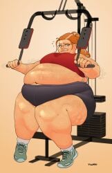 1girls 2025 2d 2d_(artwork) absurd_res absurd_resolution absurdres arm_tattoo artist_signature belly belly_folds belly_rest belly_rolls big_arms big_belly big_breasts big_calves big_hips big_legs big_thighs blue_eyes blue_eyes_female blue_shorts breasts cankles cellulite clenched_teeth clothed clothed_female color colored crop_top deep_navel digital_media_(artwork) double_belly double_chin earrings embarrassed embarrassed_female exercise exercise_clothing exercise_equipment fat fat_ass fat_belly fat_face fat_female fat_folds fat_hips fat_legs fat_rolls fat_thighs female female_focus female_only freckles freckles_on_arms freckles_on_belly freckles_on_face freckles_on_legs freckles_on_shoulders freckles_on_thighs full_body full_lips gigantic_belly gigantic_thighs glasses glistening glistening_belly glistening_body glistening_face glistening_legs glistening_skin glistening_thighs green_shoes green_sneakers gym_clothes gym_shorts hi_res high_resolution highres holding holding_object huge_belly huge_hips huge_legs huge_thighs knock-kneed lat_machine light-skinned_female light_skin looking_down madelyn_walsh_(villaru) medium_hair midriff_baring_shirt morbidly_obese morbidly_obese_female motion_lines muffin_top navel obese obese_female oc orange_hair orange_hair_female original original_character out_of_shape overweight overweight_female parted_lips ponytail pulling pulling_down pulling_object red_shirt shaded shaking shirt shoes shorts simple_background sitting sitting_down skindentation skintight skintight_clothing sneakers socks solo spandex spandex_shorts straining stretched_clothing struggling sweat sweat_stain sweatdrop sweating sweating_female sweating_profusely sweaty sweaty_belly sweaty_body sweaty_face sweaty_legs sweaty_thighs tattoo tattooed_arm tattooed_female thick thick_thighs thunder_thighs tied_hair tight_bra tight_clothing tight_shorts villaru waist_tattoo weak weight_gain weight_gain_female wet wet_body wet_skin white_socks white_streak wide_hipped_female wide_hips wide_thighs working_out workout workout_clothes workout_equipment
