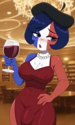 1futa 1futanari beret blue_eyes blue_hair blushed_face bulge_through_clothing bulge_under_clothes colored_skin countryhumans countryhumans_futanari countryhumans_girl countryhumans_mrtie countryhumans_stategirls female france france_(countryhumans) futanari glass_cup glass_of_wine mrtieanimations nipples_visible_through_clothing pearl_necklace pouting red_dress short_hair