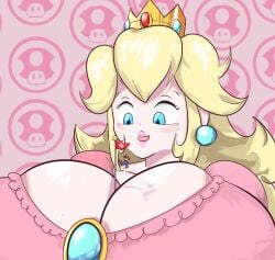 background between_breasts big_breasts blue_eyes blushed_face crown earrings giantess gigantic_breasts lipstick macro mario mario_(series) micro moustache pachalt pink_dress pink_lipstick princess_peach super_mario_bros.