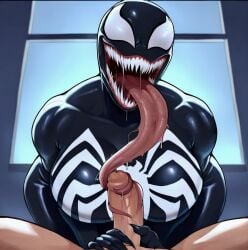 ai_generated alien bigbizarts curvaceous holding_penis light-skinned_male long_tongue marvel saliva saliva_string sharp_claws sharp_teeth she-venom symbiote tongue_around_penis tongue_out tongue_out_blowjob venom voluptuous