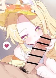 1boy absurdres animal_ear_fluff animal_ears blonde_hair blue_archive fellatio female fox_ears fox_girl halo happy_sex heart heart-shaped_pupils highres jacket large_penis licking licking_penis long_hair looking_at_viewer male official_alternate_costume one-piece_swimsuit oral penis seia_(blue_archive) seia_(swimsuit)_(blue_archive) side_ponytail smile solo_focus straight sunglasses swimsuit symbol-shaped_pupils tinted_eyewear tongue tongue_out trigonometric_function veins veiny_penis visor_cap white_one-piece_swimsuit yellow_jacket