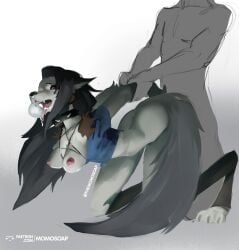 absurd_res animal_humanoid anthro bodily_fluids canid canid_humanoid canine canine_humanoid canis dark_hair duo ears_up female hair hellaverse helluva_boss hi_res humanoid long_hair looking_back loona_(helluva_boss) male male/female mammal mammal_humanoid momosoap open_mouth rear_view saliva standing tail tongue tongue_out twitter wolf wolf_humanoid