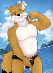 1boy 5_fingers acario anthro anthro_male anthro_only atoq_(juanatoq) black_nose black_speedo black_underwear blue_sky brown_body brown_fur bulge bulge_focus bulge_through_clothing canid canine clothes clouds cloudscape culpeo_fox digital_drawing_(artwork) digital_media_(artwork) eyebrow_raise eyebrow_raised flexing flexing_arm flexing_bicep fox furry furry_male furry_only furry_solo hand_on_bulge hand_on_own_bulge jpeg looking_at_viewer looking_at_you male male_anthro male_furry male_only no-human no_human no_humans no_male_nipples no_visible_genitalia ocean only_furry only_male orange_body orange_fur outdoors pecs raised_eyebrow sea sky smirking smirking_at_viewer solo solo_anthro solo_furry solo_male speedo speedo_only tail touching_bulge underwear underwear_only vulpine water whiskers white_belly white_stomach