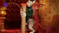 2026 3d_(artwork) animal_genitalia anthro bizymouse digital_media_(artwork) disney duo genitals knot knotted_penis male male/male nick_wilde pawbert_lynxley penile_spines penis scratching_post sex standing standing_sex tongue tongue_out zootopia