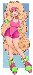 80s_clothing 80s_hair big_breasts bimbo bimbo_body bimbo_lips blonde_hair breasts female green_eyes huge_breasts long_hair one_piece_suit wide_hips working_out workout workout_clothes wrenzephyr2