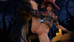 1boy 1boy1girl 1girls anal anubis_reaper bottomless brown_eyes brown_hair candle candles earrings female gloves grabbing_leg kiriko_(overwatch) overwatch overwatch_2 penis pussy reaper sex standing standing_sex standing_split witch witch_hat witch_kiriko