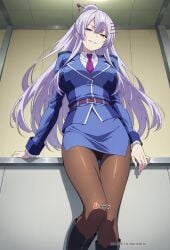 ai_generated boots breast_pockets breasts clothing female female_focus food formal frolaytia_capistrano fruit hair_pin heavy_object high_heels high_heels_boots huge_breasts long_hair military military_uniform monochrome necktie pantyhose purple_eyes seductive seductive_look seductive_pose smile suit thighs twrlare uniform