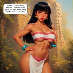 1girls ai_generated bare_shoulders big_breasts black_hair blunt_bangs bracelets breasts brown_eyes chel chel_(the_road_to_el_dorado) comfor_wet curvy curvy_female dark-skinned_female dark_skin dreamworks earrings female female_only hand_on_breast hand_on_hip humor lipstick loincloth long_hair nature navel outdoors pelvic_curtain posing pouty_lips self_upload solo text text_bubble the_road_to_el_dorado thighs tubetop