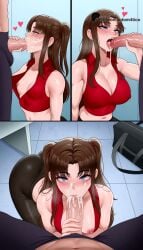 1boy 1girls :>= after_fellatio ai_generated ass autom4tico bare_shoulders big_ass big_breasts black_pants blue_eyes blush breasts brown_hair cleavage collarbone comic covered_nipples crop_top cum cum_in_mouth cum_on_tongue cum_overflow duo ear_piercing earrings ejaculation erection facial fate/stay_night fate_(series) fellatio female heart heart-shaped_pupils huge_breasts jewelry large_breasts large_penis licking licking_penis light-skinned_female light-skinned_male long_hair looking_at_viewer male midriff multiple_views navel nipple_bar nipple_piercing nipple_slip nipples no_bra one_breast_out open_mouth oral pants pantyhose parted_bangs penis penis_grab penis_out piercing pov pov_crotch red_shirt saliva small_breasts solo_focus straight tile_floor tiles tohsaka_rin tongue tongue_out twintails two_side_up uncensored veins veiny_penis