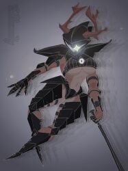 absurd_res afterimage anthro armor brown_body clothing codpiece colored_line_art deer deltarune dess_holiday digital_media_(artwork) elbow_pads female floating gauntlets gloves glowing glowing_eyes handwear headgear helmet hi_res horn knee_pads lens_flare long_horn mammal melee_weapon navel new_world_deer reindeer roaring_knight scale_armor selfdestructking shoulder_pads simple_background solo sword unconvincing_armor undertale_(series) weapon