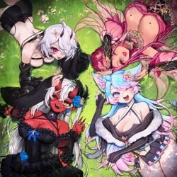 4girls akumi bare_shoulders breasts cleavage female flower gloves grass hair_ornament hair_over_one_eye jewelry large_breasts long_hair looking_at_viewer lying multicolored_hair multiple_girls nano_(nanoless) necklace on_stomach open_mouth outdoors panties pink_hair short_hair silvervale smile underwear vyugen white_hair yellow_eyes