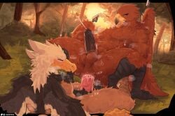 accipitrid accipitriform anal_orgasm anthro anthro_on_anthro anthro_penetrated anthro_penetrating anthro_penetrating_anthro avian balls beak big_penis bird bodily_fluids brown_body brown_feathers closed_eyes cowgirl_position cum cum_in_ass cum_inside cum_while_penetrated cumshot duo eagle ejaculation elden_ring_nightreign erection feathered_wings feathers forest from_front_position fromsoftware genital_fluids genitals guardian_(nightreign) hands-free humanoid_genitalia humanoid_penis male male/male male_penetrated male_penetrating male_penetrating_anthro male_penetrating_male nature nick7005 on_bottom on_top orgasm outside penetration penis plant power_bottom sex tree wings