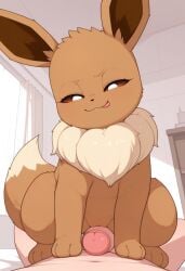 ai_generated anguirus12345 bodily_fluids brown_body brown_fur duo eevee female feral first_person_view fur generation_1_pokemon genital_fluids genitals hi_res human human_on_feral interspecies male male/female mammal nintendo penis pokemon pokemon_(species) pokephilia pussy pussy_juice pussyjob sex sitting_on_another tongue tongue_out zoophilia
