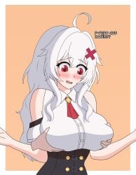 big_breasts breast_grab breast_press breasts embarrassed embarrassed_female erispheria female hair_ornament lymprez red_eyes surprised_expression twitch vtuber vtuberfanart white_hair x_hair_ornament youtube