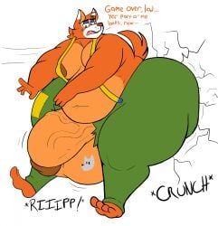 alternate_version_at_source anthro ass balls belly big_balls big_butt big_penis butt_crush canid canine circus_foxy clothing cracked_wall cracks five_nights_at_freddy's fox genitals hi_res hictow huge_balls huge_butt huge_cock hyper hyper_butt male mammal overweight overweight_anthro overweight_male penis scottgames tail thick_thighs torn_clothing vein veiny_penis vore