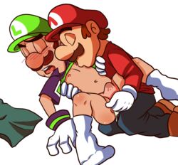 2boys anal_fingering anal_penetration artist_request blush brothers brown_hair closed_eyes clothes color erect_nipples erection_under_clothes exposed_nipples facial_hair finger_fuck gay gloves green_cap hair hat human incest insertion legs_held_open luigi male male_nipple_licking male_only mario mario_(series) moustache mouth_open multiple_boys nintendo pants_removed precum_through_clothing red_cap shirt_up siblings socks spread_legs tongue_out underwear_aside yaoi