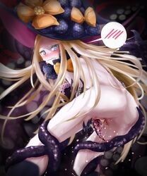 abigail_williams_(fate/grand_order) ass black_bow blonde_hair blue_eyes bow fate/grand_order fate_(series) female from_behind gloves glowing hat hat_bow key keyhole long_hair mach_iota orange_bow revealing_clothes solo star_print very_long_hair witch_hat