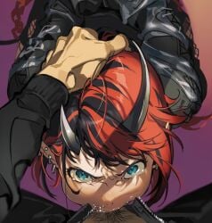 1boy arms_behind_back black_hair black_jacket black_pants blue_eyes deepthroat demon_girl demon_horns ear_piercing fellatio female fluffyhairenjoyer glaring horns irrumatio jacket looking_at_viewer looking_up male_pubic_hair multicolored_hair nanashi_inc. novelai oral pants penis piercing pointy_ears pov pubic_hair purple_background rape red_hair ryugasaki_rene short_hair solo_focus straight sugar_lyric two-tone_hair virtual_youtuber zipper