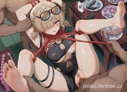 2girls ankle_grab arms_behind_head arms_up barefoot black_dress blonde_hair blush bondage bound bound_arms bound_legs breasts censored china_dress chinese_clothes clothed_sex clothing_aside clothing_cutout cutout_above_navel dress eyewear_on_head female female_pubic_hair from_above grabbing_another's_arm hair_over_one_eye hand_fan large_breasts male miazi mosaic_censoring multiple_girls nipples open_mouth orange-tinted_eyewear pelvic_curtain pelvic_curtain_aside penis pubic_hair purple_eyes pussy rape red_rope restrained rope sex short_hair short_twintails soles solo_focus spread_legs straight sunglasses sweety_(zenless_zone_zero) thigh_strap tinted_eyewear tuanshan twintails underboob_cutout vaginal_penetration yellow-tinted_eyewear zenless_zone_zero