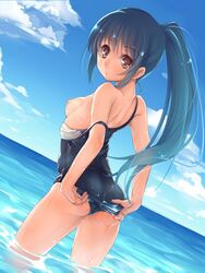 bare_shoulders blue_hair blush breasts brown_eyes comptet female long_hair meganekko_kurabu nipples off_shoulder original partially_submerged ponytail solo strap_slip swimsuit_pull swimsuit_tug tied_hair water