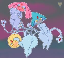 2_tails abstract_background bedroom_eyes belly bent_over big_breasts blonde_hair blue_hair blush breast_size_difference breasts closed_eyes eyelashes featureless_breasts female forehead_gem furry gem generation_4_pokemon genitals grey_body group hair heartear18 hi_res holding_breast humanoid legendary_pokemon looking_at_viewer multi_tail narrowed_eyes nintendo not_furry pink_body pink_hair pokemon pokemon_(species) pussy seductive short_stack slightly_chubby small_breasts tail take_your_pick tongue tongue_out trio uxie vulva yellow_eyes