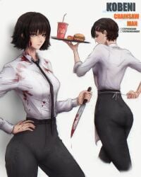 absurdres alternate_hairstyle apron ass blood blood_on_clothes blood_on_face burger chainsaw_man cup disposable_cup food french_fries hair_bun hair_ornament hairclip hand_on_own_hip higashiyama_kobeni highres knife mcdonald's necktie office_lady shirt short_hair soda stephengiannart tagme tray waitress white_apron white_shirt