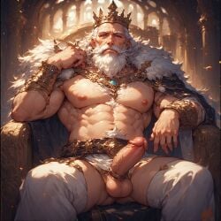 ai_generated armpits bara big_muscles big_penis cock_ring crown daddy gay gay_male hairy_chest king long_hair male_focus male_only mature mature_male muscular muscular_male old_man older older_male pectorals pubic_hair