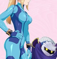 1boy 1boy1girl 1girl 1girl1boy 2d 2d_(artwork) 2d_artwork artist_request blonde_female blonde_hair blue_cape crackship fanart female female_focus hand_on_hip kirby_(series) male meta_knight metroid no_background no_sex sfw silver_mask super_mario_bros. sweatdrop tight_clothing white_skin year_request yellow_eyes zero_suit_samus
