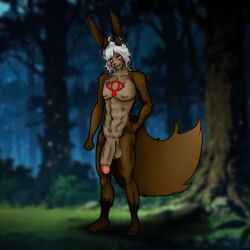 1boy 2d 2d_(artwork) 2d_artwork artist_request brown_fur bunny_ears chest_markings chimera copyright_request emil_stryker face_markings flaccid forest fox_tail goat_horns hand_on_hip large_penis male male_focus male_only naked naked_male nude nude_male penis penis_out red_eyes sheikah solo solo_focus solo_male standing standing_male trees white_hair