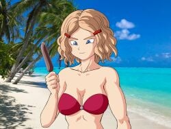 beach beautiful beige_hair big_breasts blue_eyes breasts chocolate chocolate_ice_cream curly_hair dragon_ball_(series) dragon_ball_super fayra fayra_(dragon_ball_super) female ice_cream manga_character manga_style no_nude ornament red_bra sexy shueisha summer swimsuit yamidanight