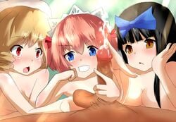 1boy 3girls black_hair blonde_hair blue_eyes blush cum dark-skinned_male dark_skin eyebrows_visible_through_hair fffm_foursome foursome hair_ribbon light-skinned_female light_skin looking_at_penis luna_child pink_hair red_eyes small_breasts smirk star_sapphire_(touhou) sunny_milk tagme touhou yellow_eyes