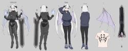 armor breasts breasts_bigger_than_head dotthebot female hoodie horns huge_breasts massive_breasts original_character purple_eyes reference_sheet sidewinders sword tagme valenia_(dotthebot) white_hair wings yoga_pants