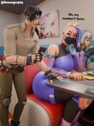 1boy 1girl1boy 3d ass blender breasts catalyst_(fortnite) clothed dialogue doonography f/m female female female_focus female_only fortnite fortnite:_battle_royale giantess lexa_(fortnite) lorenzo_(fortnite) m/f mask masked_female restaurant sitting size_difference taller_female taller_girl text watermark
