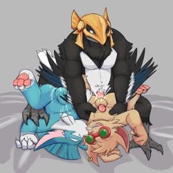 absurd_res anal anthro armor avian bodily_fluids cum cum_in_ass cum_inside flaccid genital_fluids genitals group headgear helmet hi_res kissing league_of_legends male male/male mousesix penis riot_games rumble_(lol) side_by_side tencent trio yordle ziggs_(lol)