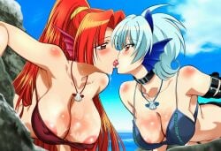 2girls age_difference ai_generated beach big_breasts blue_bikini blue_hair bracelet breasts collar dog_collar fins fish_girl fish_humanoid incest kissing large_boobs large_breasts large_tits lesbian_couple lesbian_kiss light-skinned_female light_skin long_hair mermaid_melody_pichi_pichi_pitch mimi_(mermaid_melody_pichi_pichi_pitch) monster_girl red_bikini red_eyes red_hair shell_necklace sheshe short_hair sisters soni_ai tongue tongue_kiss yuri