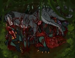 2_penises absurd_res animal_genitalia animal_penis bite biting_another blood bodily_fluids death duo dying eating_flesh genitals gore guts gutspill hemipenes hi_res intestines lizard male male/male multi_genitalia multi_penis neck_bite organs pain penis reptile salathan_(eleyas_dawn) scalie scratch scratch_mark scratches screaming snake swamp violence wounded