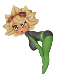 3d breasts female goggles goggles_on_head green_skin hair_between_eyes hotpants humanized large_breasts light_blush orange_eyes petals plant_girl plants_vs_zombies short_hair solar_flare_(pvz) t-shirt