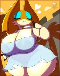 albasora_(artist) anthro areola bandai_namco bangle big_breasts bracelet breasts brown_areola choker closed_eyes clothing digimon digimon_(species) dress eyeshadow female genitals heart_symbol hi_res huge_breasts jewelry lipstick makeup membrane_(anatomy) membranous_wings necklace nipples overweight patamon patty_(albasora) shortstack solo sundress thick_thighs translucent translucent_clothing vulva wide_hips wings wrist_bangle