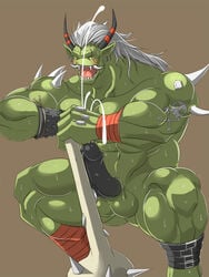 abs balls biceps black_penis blush bone closed_eyes crouching cum cumshot digimon ear_piercing erection fangs hair horn male male_only muscles ogre ogremon open_mouth orgasm penis piercing solo spikes sweat tattoo teeth tongue unknown_artist vein weapon white_hair