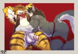 absurd_res anthro armpit_fetish armpit_hair armpit_musk armpit_play armpit_sniffing armpit_tuft armpit_worship arms_behind aroused aroused_by_another aroused_face aroused_male aroused_smile balls barazoku belly biceps big_muscles big_pecs black_body black_fur black_hair black_mane bodily_fluids body_hair body_worship border bottomless bottomless_anthro bottomless_male brown_clothing brown_hat brown_headwear brown_topwear brown_vest canid canine canis clothed clothing cowboy cowboy_hat cowboy_outfit dripping duo erection eye_scar facial_scar felid feline fur genital_fluids genitals grey_body grey_fur hair hands_behind_head hat headgear headwear hi_res jockstrap jockstrap_only kerchief kody_fryzma krowlfer leaking_precum looking_pleasured male male/male mammal mane manly markings multicolored_body multicolored_fur muscular muscular_anthro muscular_arms muscular_male muscular_thighs musk musk_worship mythological_canine mythological_creature mythology orange_body orange_fur pantherine pecs penis precum precum_drip precum_from_penis precum_on_own_penis precum_on_penis purple_eyes red_background red_clothing red_eyes red_jockstrap red_kerchief red_underwear scar simple_background sniffing snout snout_scar striped_body striped_fur striped_markings striped_tail stripes tail tail_markings thick_arms thick_thighs tiger topless topwear underwear underwear_only vein veiny_penis vest werecanid werecanine werecreature werewolf white_body white_fur wolf