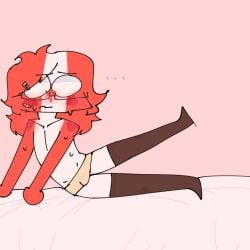 ... 1boy 2025 bandaid blush bulge bulge_through_clothing canada_(countryhumans) countryhumans embarrassed freckles glasses haha27262 hair_ornament leg_up long_hair long_hair_male male male_only multicolored_body pink_background self_upload solo_male stockings sweat thighhighs white_sheets