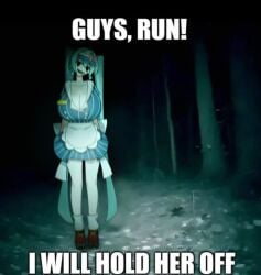 1girls breasts breasts_bigger_than_head caption cleavage dotthebot dress english_text female female_focus gigantic_breasts hatsune_miku huge_breasts large_breasts maid_uniform massive_breasts meme mesmerizer_(vocaloid) mesmerizer_miku oo_ee_oo sharp_teeth slim slim_waist socks solo solo_female text tongue tongue_out twintails vocaloid