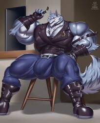 2025 anthro arm_tuft barazoku belt big_bulge big_muscles blue_body blue_fur boots bottomwear bulge canid canine canis chair choker clothing denim denim_bottomwear denim_clothing digital_media_(artwork) dislyte elbow_tuft eyewear facial_scar fingerless_gloves footwear freddy_(dislyte) fur furniture gloves handwear hi_res holding_eyewear holding_object holding_sunglasses huge_bulge huge_muscles hyper hyper_muscles jacket jeans jewelry leather leather_clothing leather_jacket leather_topwear lilith_games looking_at_viewer male mammal muscular muscular_anthro muscular_male neck_tuft necklace nipple_outline on_chair open_mouth pants regnar scar shoes sitting sitting_on_chair solo straps sunglasses tail tight_bottomwear tight_clothing tight_topwear topwear tuft white_body white_fur wolf yellow_eyes
