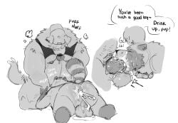 anthro ass balls big_balls bird_dog bodily_fluids canid canine canis clothed clothing clothing_lift cum cum_inside cum_on_butt cum_on_ground dialogue domestic_dog duo ejaculation fellatio genital_fluids genitals golden_retriever hand_on_head hat headgear headwear hi_res hunting_dog kneeling lying male male/male mammal nipples on_front oral overweight penile penis piercing pubes raccoon_dog retriever roseonapot saggy_balls sex shirt shirt_lift simple_background speech_bubble tail tanuki topwear white_background