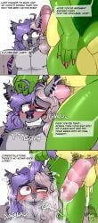 2boys 2male 2males absurd_res alligator alligatorid anthro ass balls belly big_butt blush blush_lines bodily_fluids comic crocodilian cum cum_drip cum_inside cum_on_penis dialogue difis dripping duo ear_penetration ear_piercing felid feline female five_nights_at_freddy's five_nights_at_freddy's:_security_breach fnaf genital_fluids genitals hair hair_grab hi_res inner_ear_fluff intelligence_loss male male/male mammal montgomery_gator_(fnaf) nipple_piercing nipples penetrated_male penetration penis piercing pubes reptile roxanne_wolf_(fnaf) scalie steel_wool_studios tattoo tattoo_on_arm tattooed_arm text tongue tongue_out touching_hair tuft wolf wolf_ears