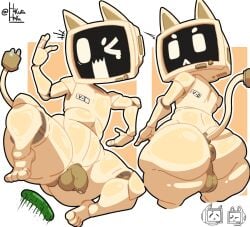 2025 anthro anus ass backsack balls big_butt computer cucumber domestic_cat electronics english_description felid feline felis food fruit genitals karikhuri looking_back male mammal open_mouth penis perineum plant robot_anthro screen screen_face small_penis solo tail thick_thighs white_body