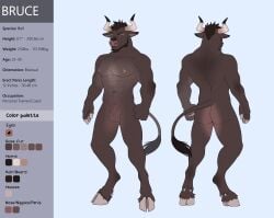 absurd_res animal_genitalia anthro apple-faced ass balls beard blue_background bovid bovine brown_balls brown_beard brown_body brown_eyes brown_facial_hair brown_fur brown_hair bruce_(vendovi) cattle closed_smile facial_hair front_view fully_sheathed fur genitals hair hi_res hooves horn looking_at_viewer male male_anthro mammal model_sheet mouth_closed muscular muscular_anthro muscular_male narrowed_eyes nude rear_view sheath short_hair simple_background smile solo standing