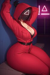 ai_generated ass big_ass big_breasts black_gloves black_mask black_shoes breast_grab breasts breasts_out female female_only mask masked_female pink_clothing pink_guard sofia_rosi solo solo_female squid_game sweatdrop thick thick_ass thick_thighs thighhighs thighs triangle_(squid_game)